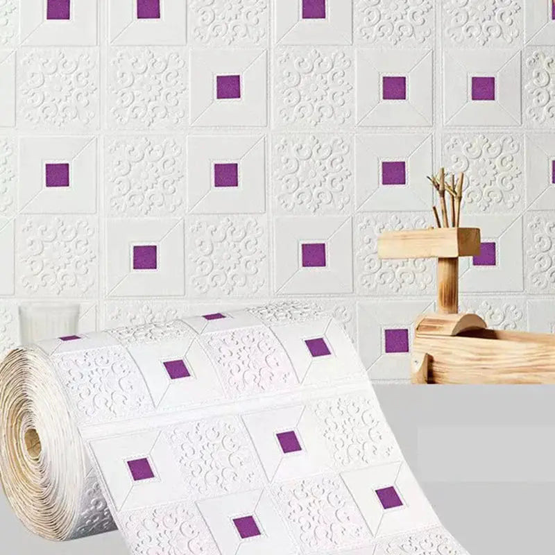Simples Market 3D Brick Pattern Wallpaper roll, white with purple squares, DIY waterproof, 70cm×1m