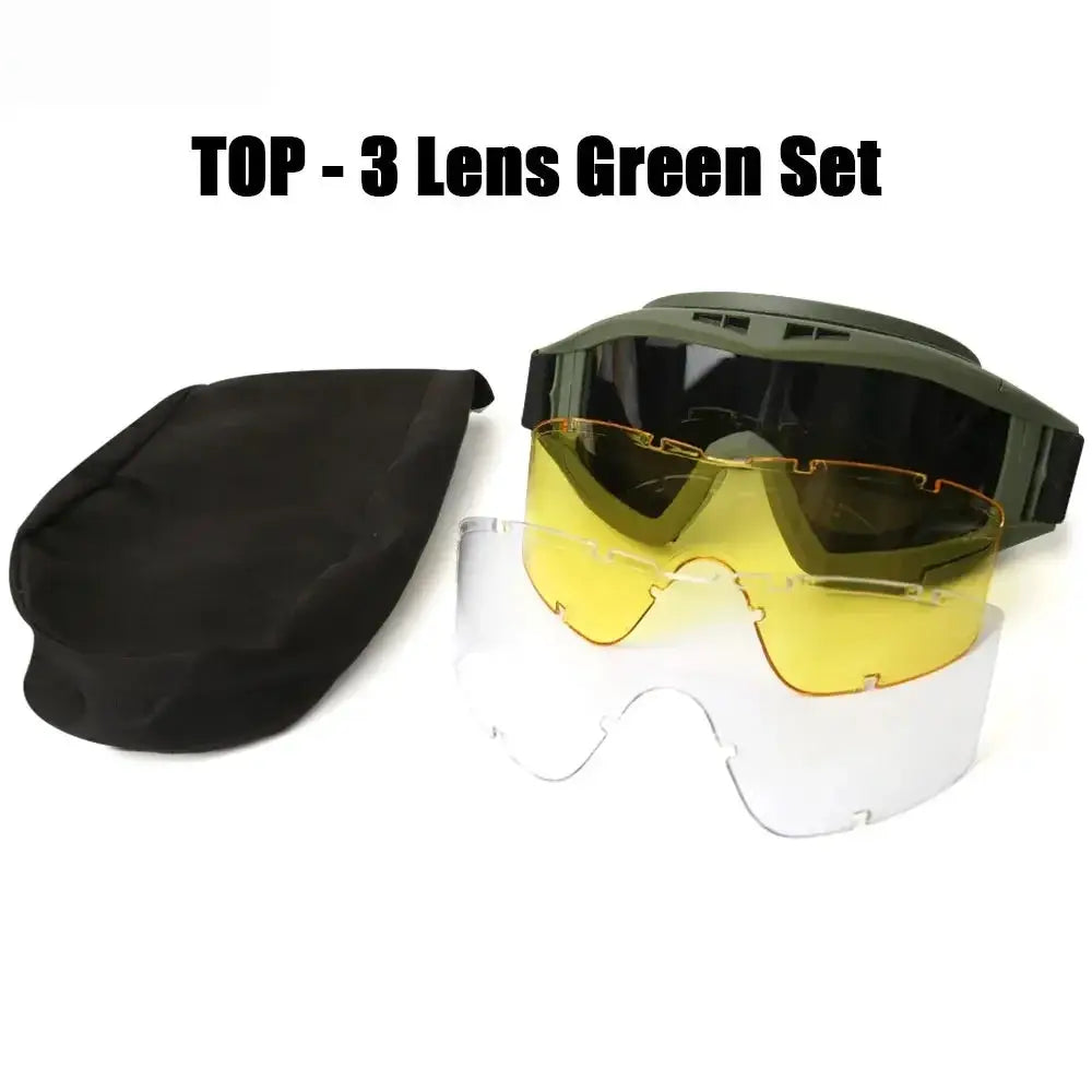 Airsoft tactical goggles with green headband and three-lens set featuring yellow and clear lenses with a black pouch