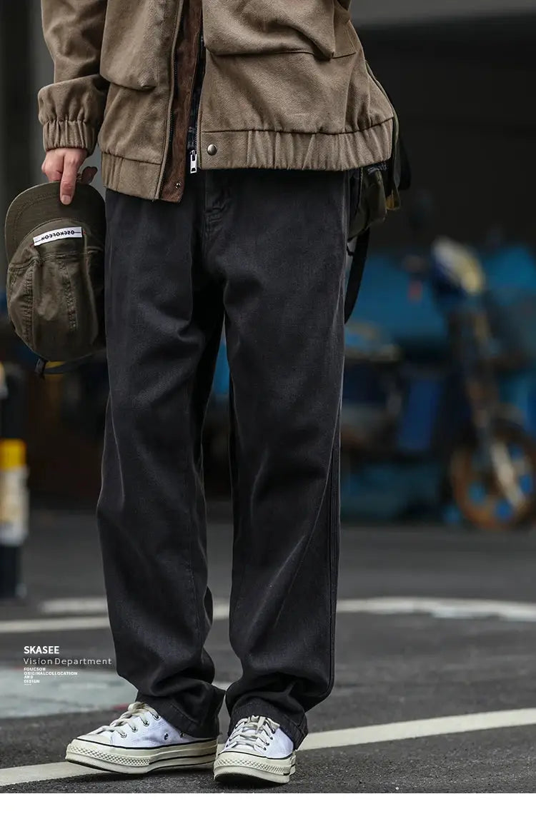 Simples Market men's cargo pants, Japanese streetwear, baggy straight-leg, dark charcoal