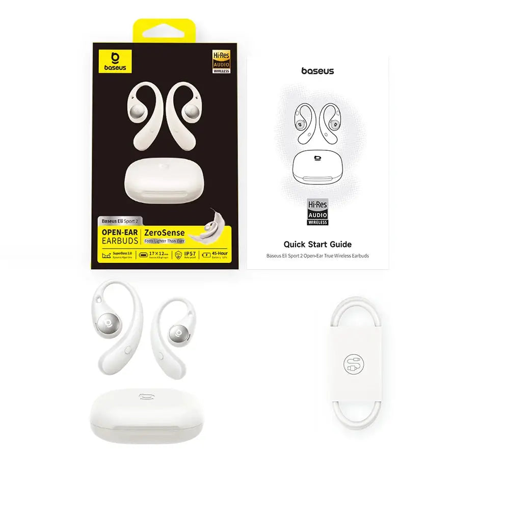 Baseus Eli Sport 2 open-ear wireless earphones in white with charging case and charging cable