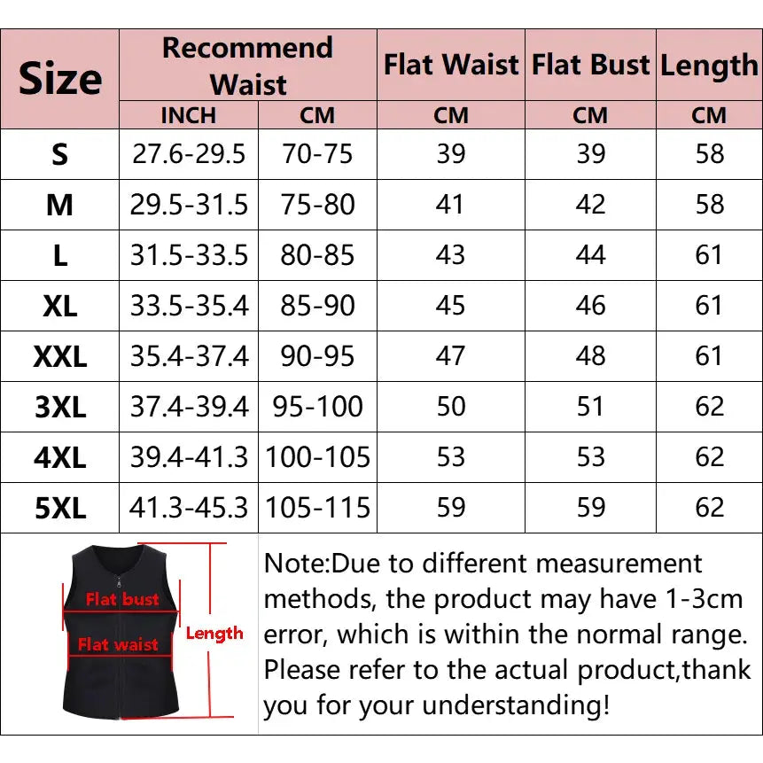Men's black body shaper sauna vest with waist trainer; size chart and measurement diagram