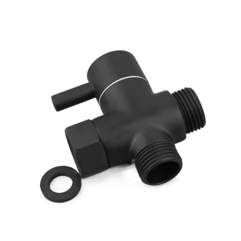 3-way shower arm diverter valve, black plastic with G1/2 and G3/4 threaded fittings