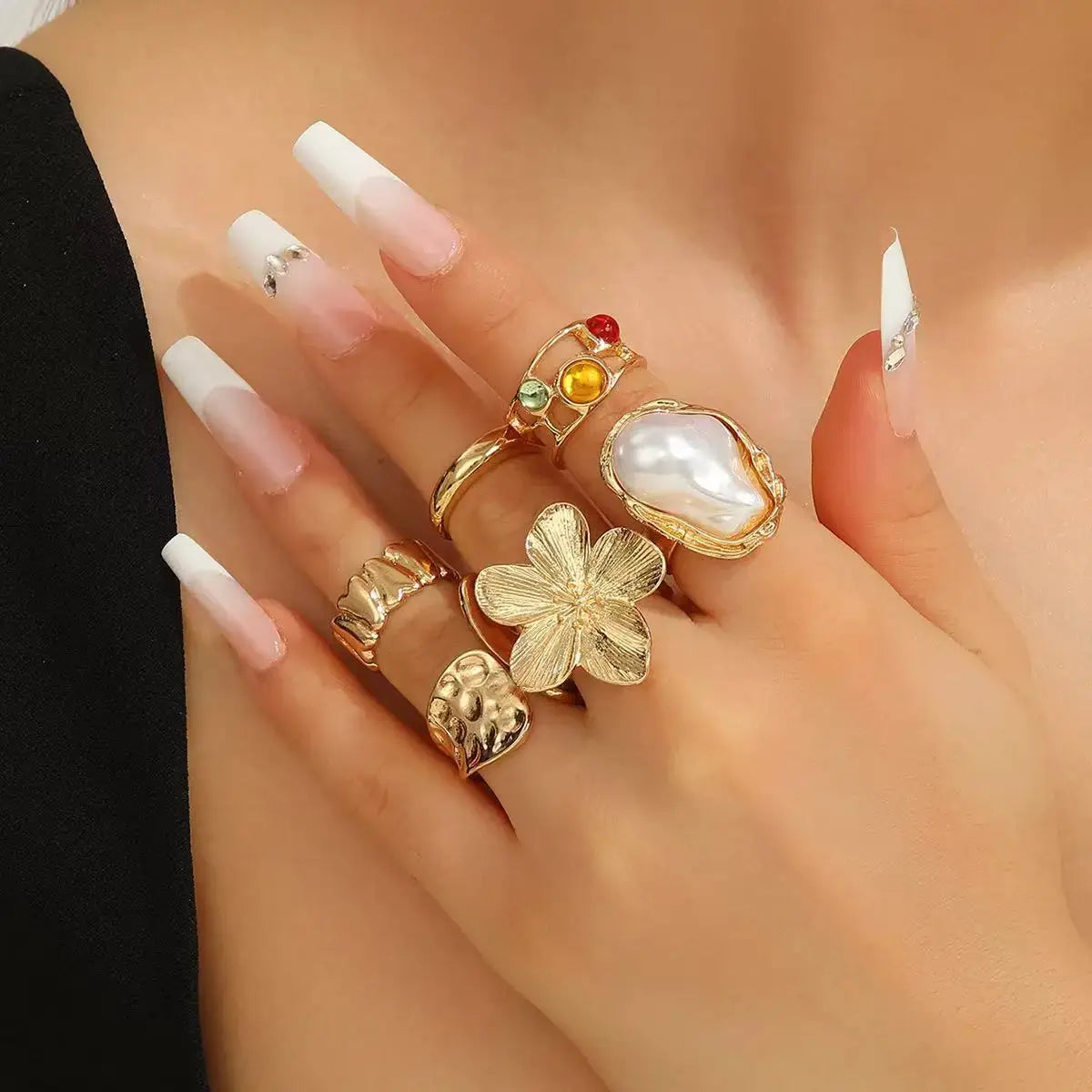 Retro Geometric Pearl Ring Set For Women With Gold Plating Opening Flower Rings Gift
