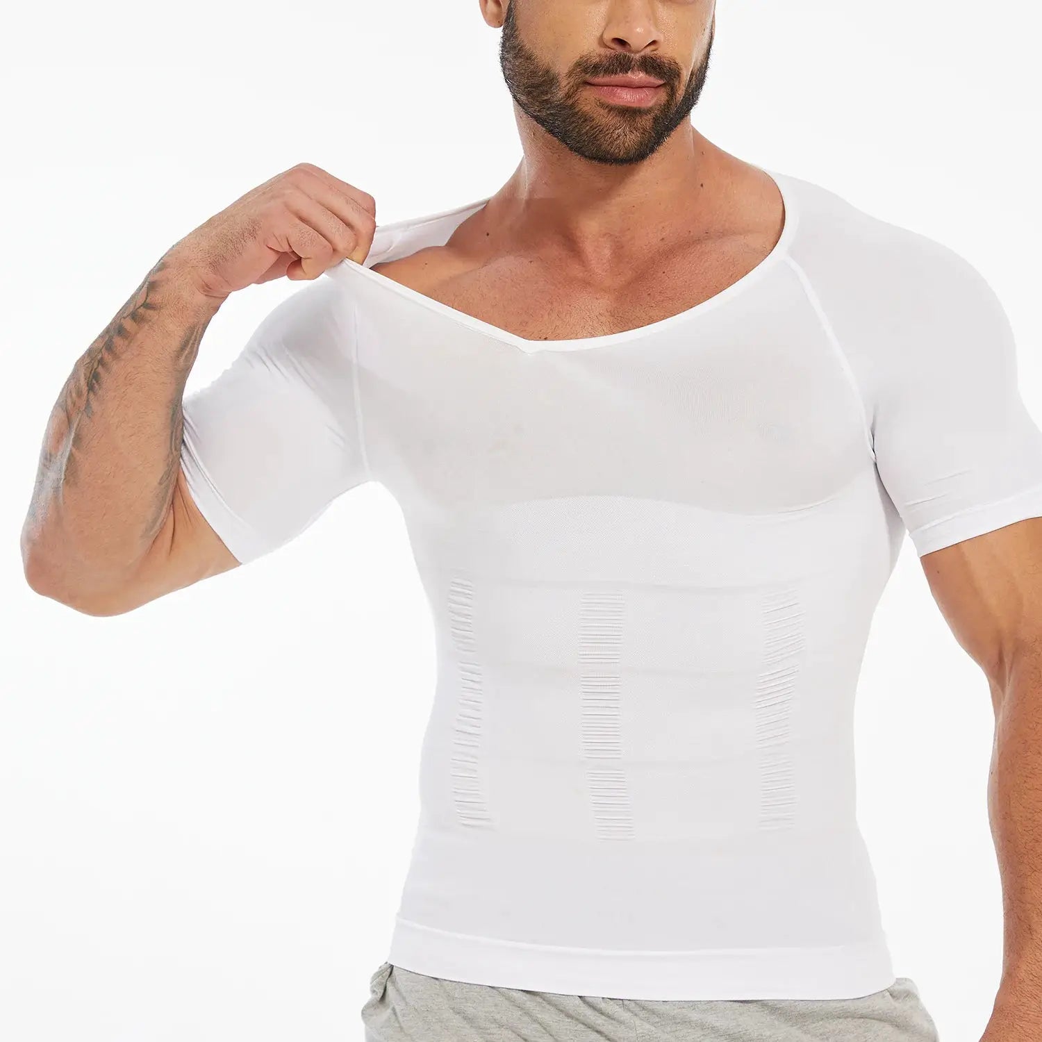 Men's white short-sleeve compression shirt with tummy-control panels and V-neck