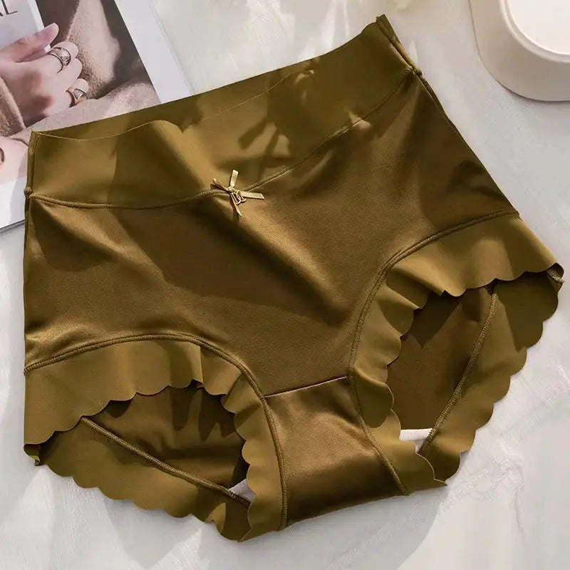 Silk panties mid-rise olive-brown with scalloped ruffle trim and tiny bow