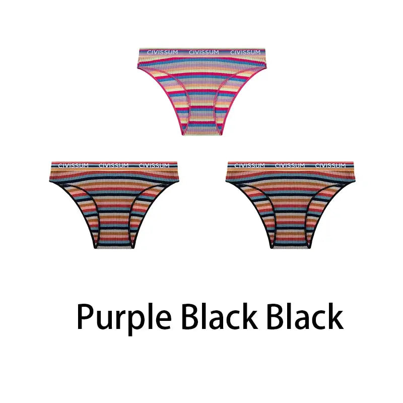 3-piece women's cotton low-waist half-hip panties set in rainbow stripes by Simples Market