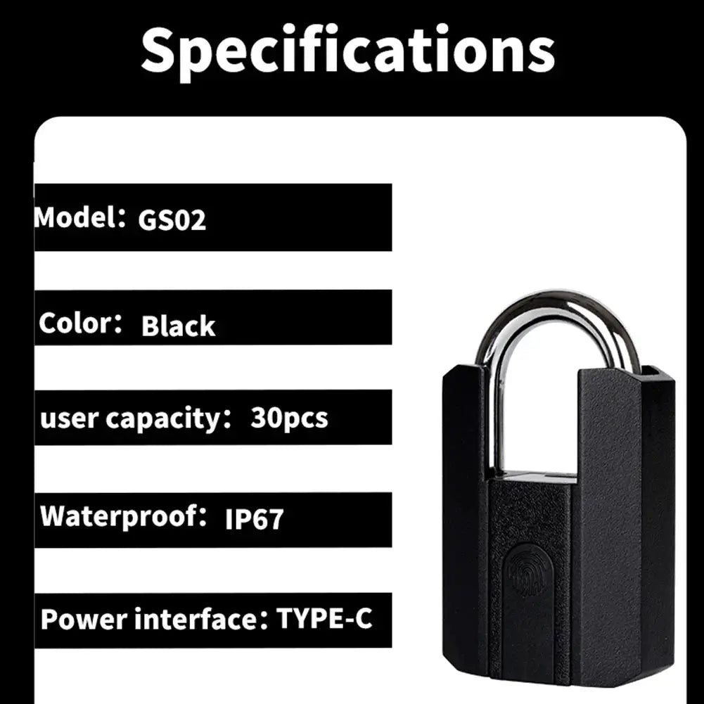 Smart padlock GS02 black IP67 waterproof with fingerprint sensor