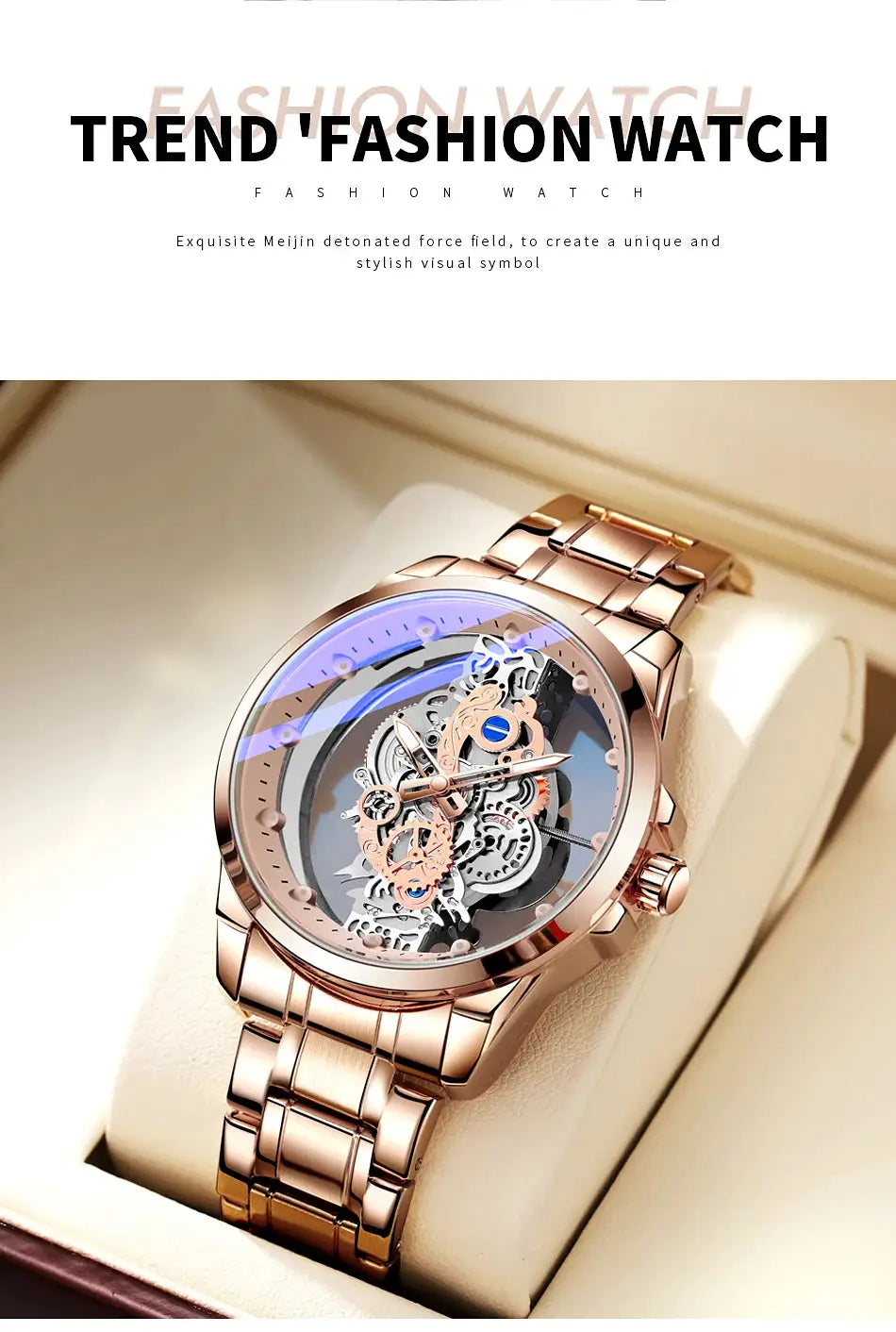 Men's rose-gold skeleton automatic watch with visible gears and metal bracelet