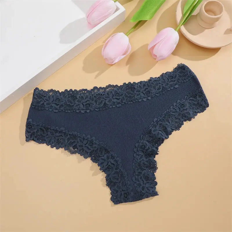 Women cotton panties with floral lace trim in navy blue, ribbed fabric underwear S-XL
