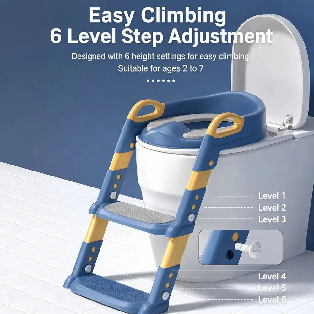 Children's toilet training step stool by Simples Market in blue and yellow with 6-level adjustment beside a toilet