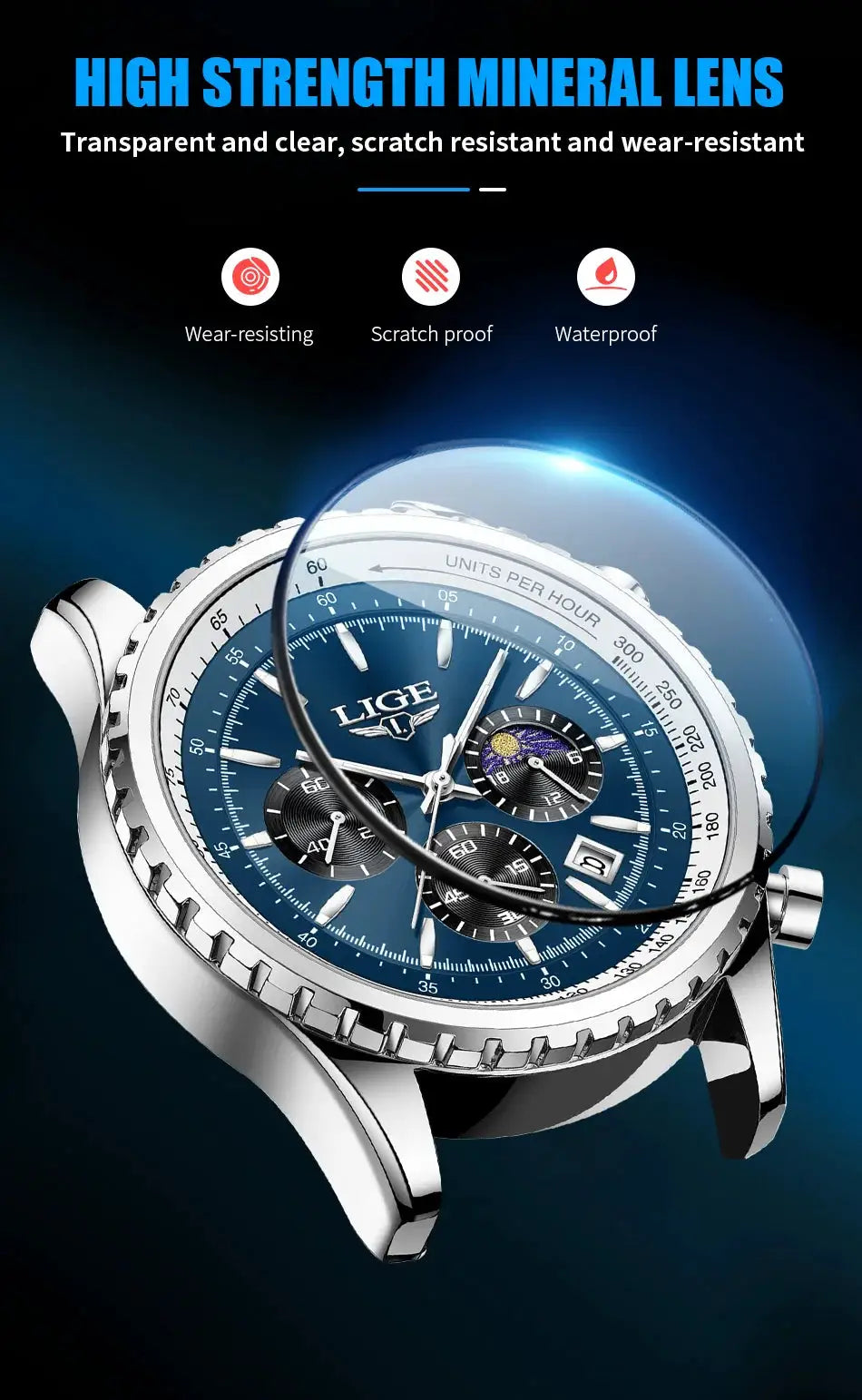 LIGE men's luxury stainless steel chronograph watch with blue dial, date window, luminous hands, waterproof