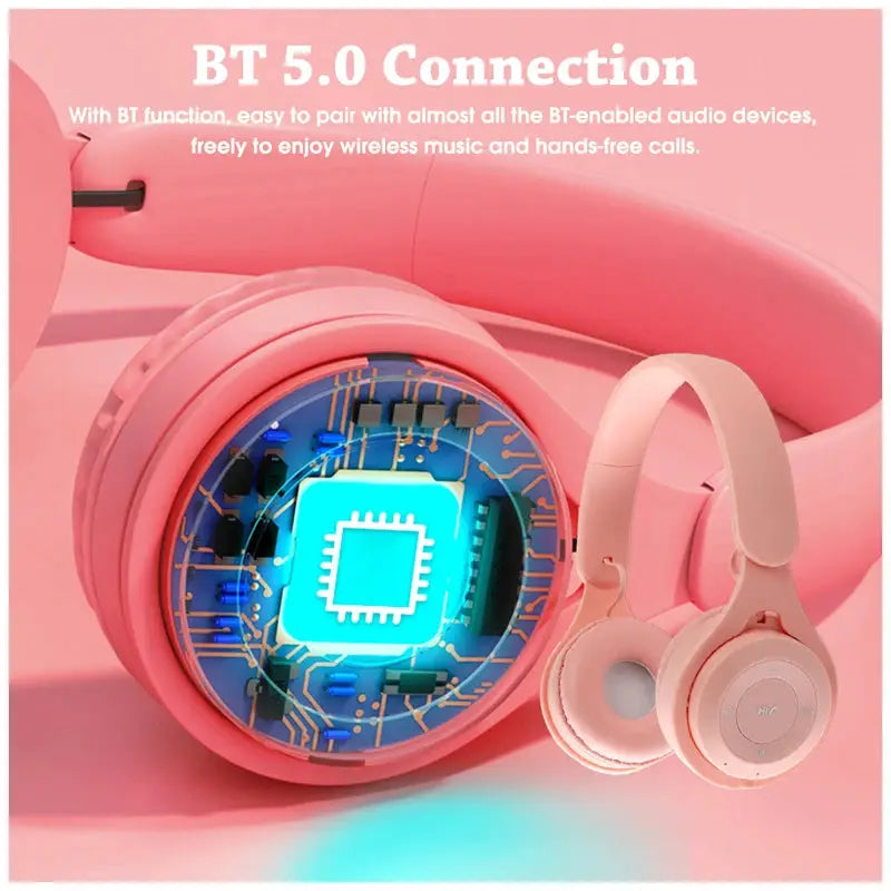 Y08 wireless Bluetooth headset in pink macaron with mic, over-ear gaming headphones