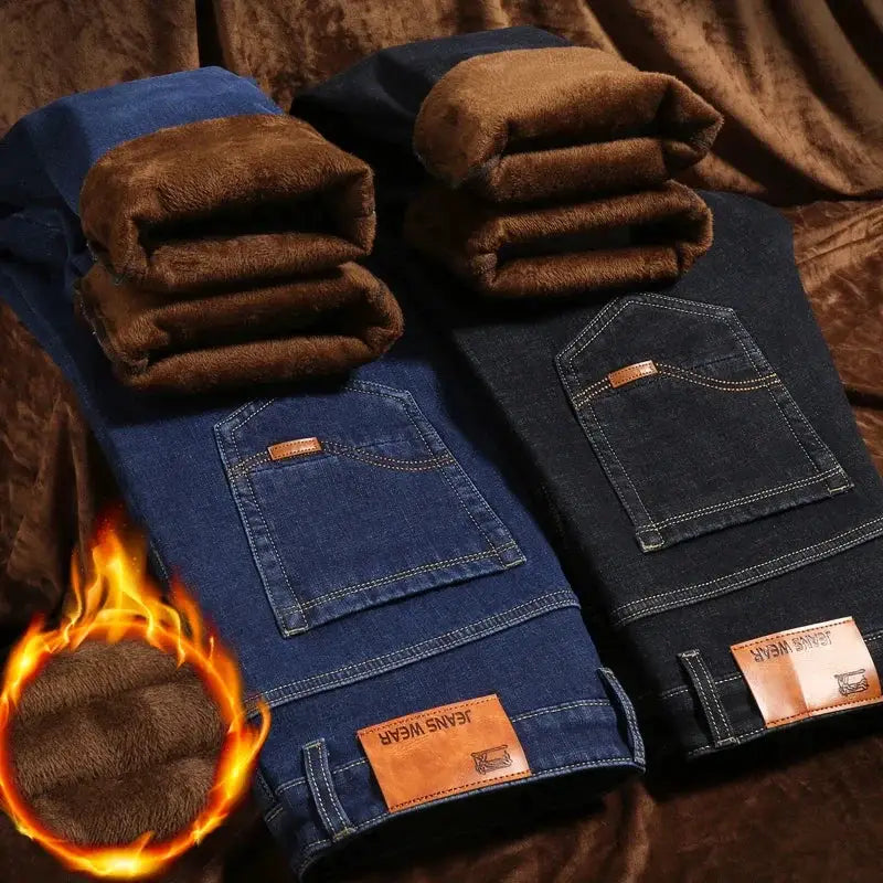 Fleece-lined denim jeans by Simples Market, blue and indigo, warm winter pants, 2 pairs