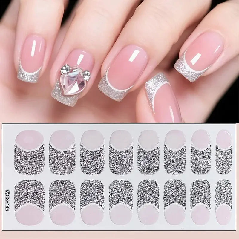 Full-cover silver glitter French-tip nail sticker sheet by Simples Market