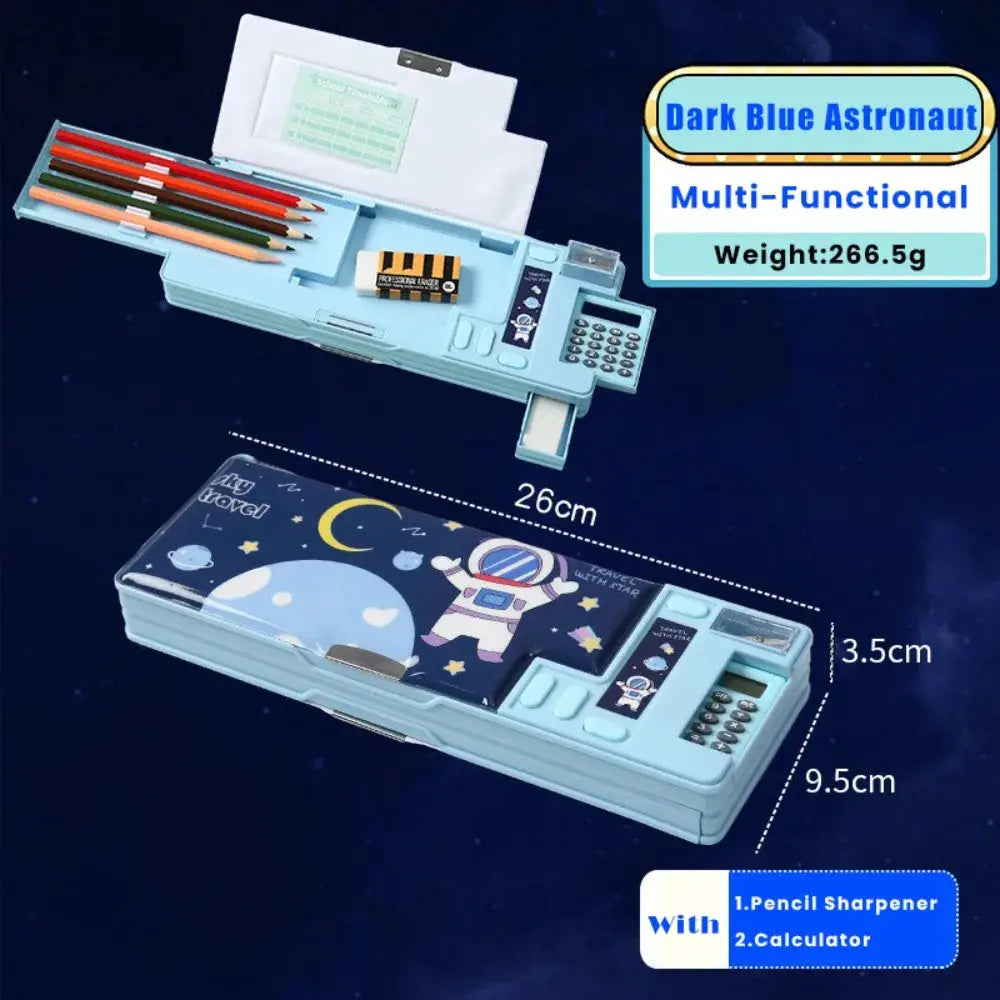 Simples Market blue plastic pencil case with built-in calculator and pencil sharpener; space-themed, double-sided design.