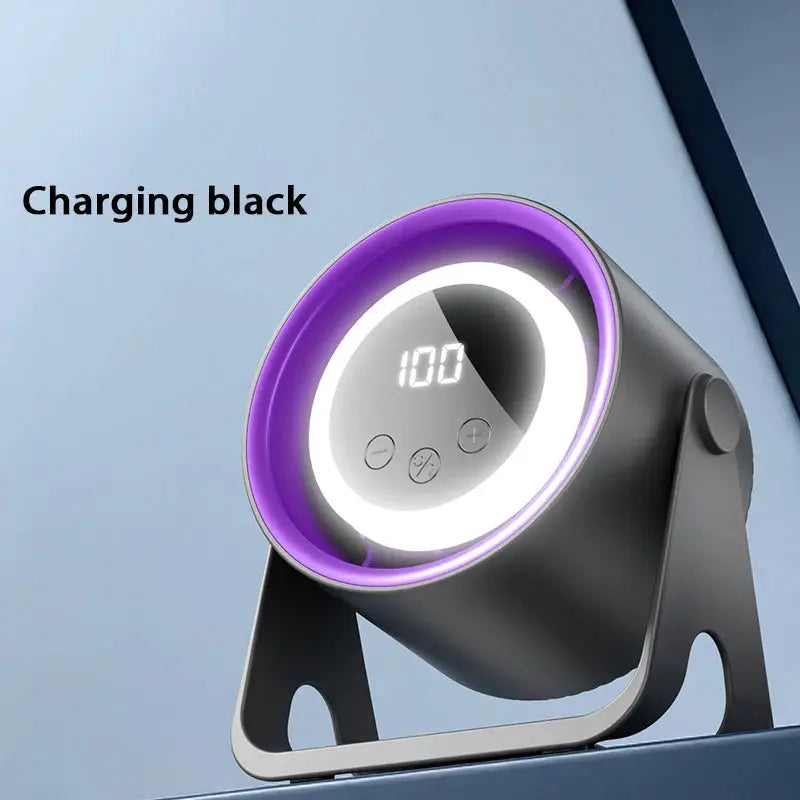 Simples Market desktop bladeless fan with purple ambient LED ring, black body, digital display showing 100, USB rechargeable
