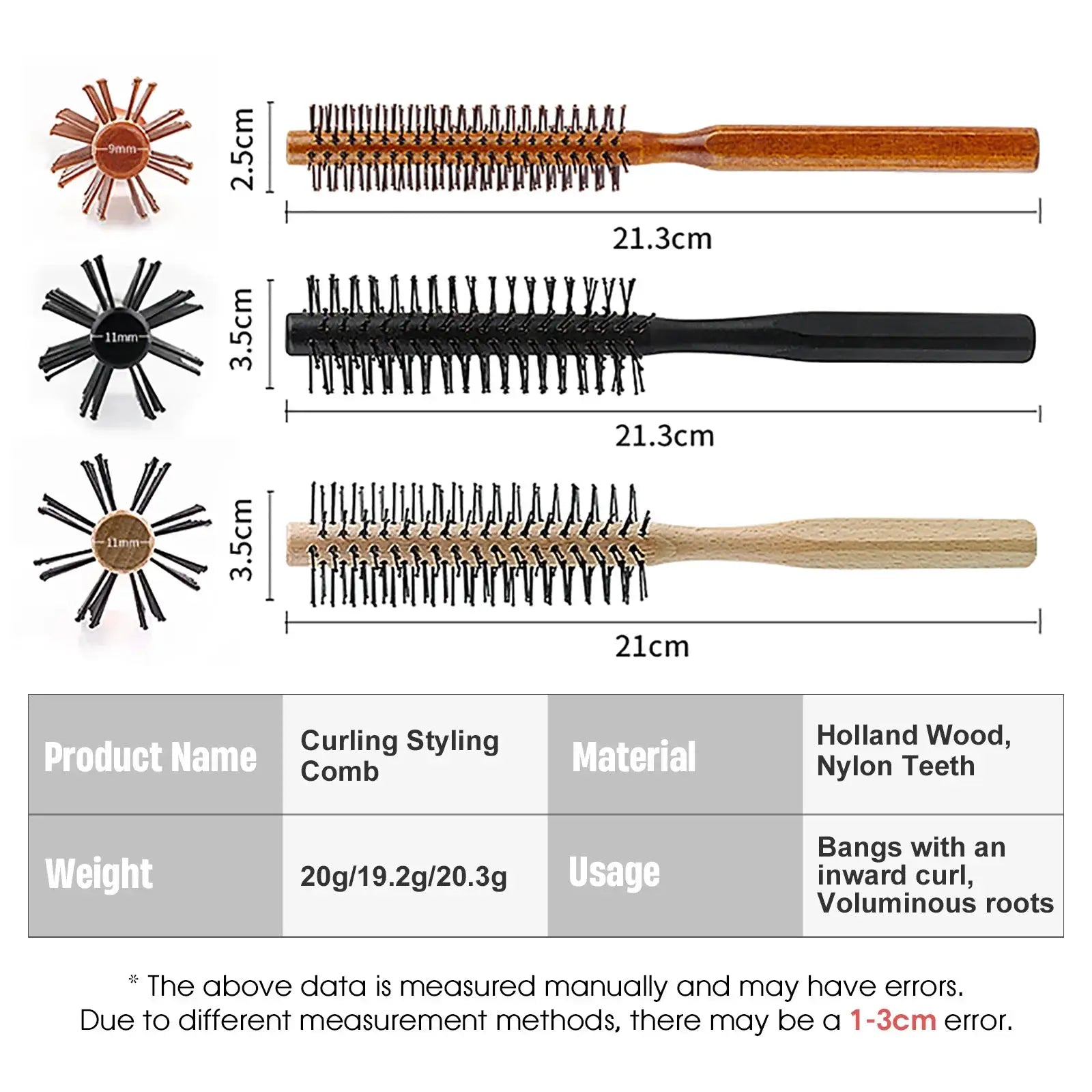 Simples Market wooden-handle nylon-teeth circular hair brush set of 3 with brown, black and natural wood handles