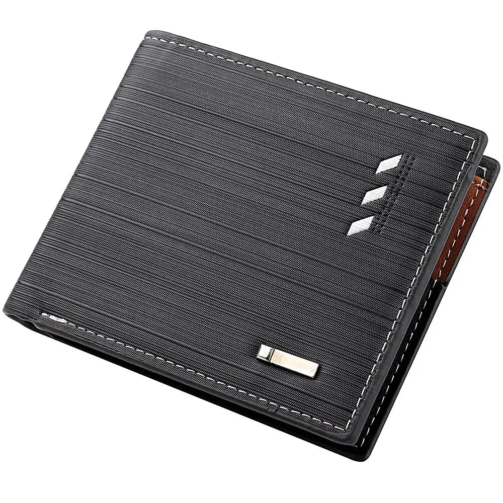 Men's black striped leather wallet with card slots and two-fold money clip