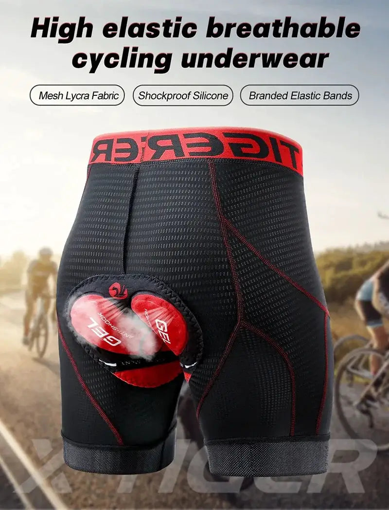 X-TIGER men's cycling shorts with 5D padded liner, black breathable fabric, red anti-slip leg grips