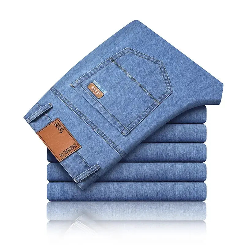 Ice Silk Denim Jeans For Men Blue Straight Stretch Cotton Pants