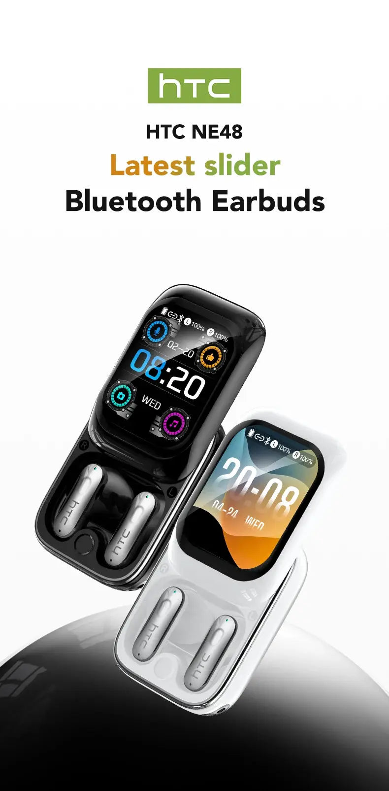 HTC NE48 wireless earbuds in black and white charging cases, two open cases with earbuds