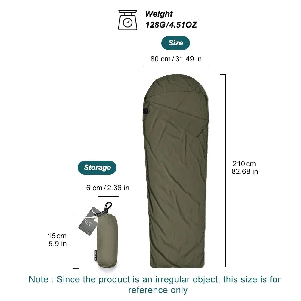 Simples Market outdoor camping sleeping bag liner, olive green ultralight mummy style for single person.