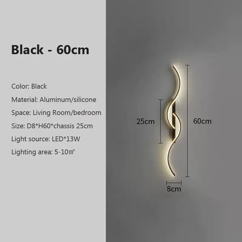 Modern LED wall lamp by Simples Market, black curved minimalist LED strip sconce, 60cm tall for living room/bedroom