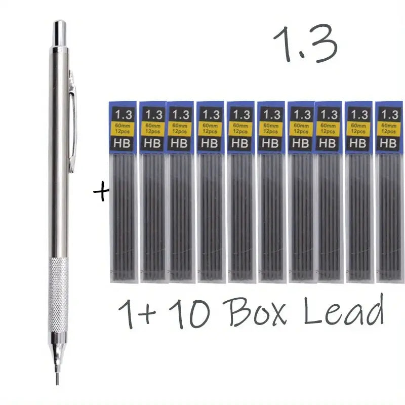 All-metal mechanical pencil by Simples Market with silver finish and 1.3mm HB lead refills; includes 10 boxes