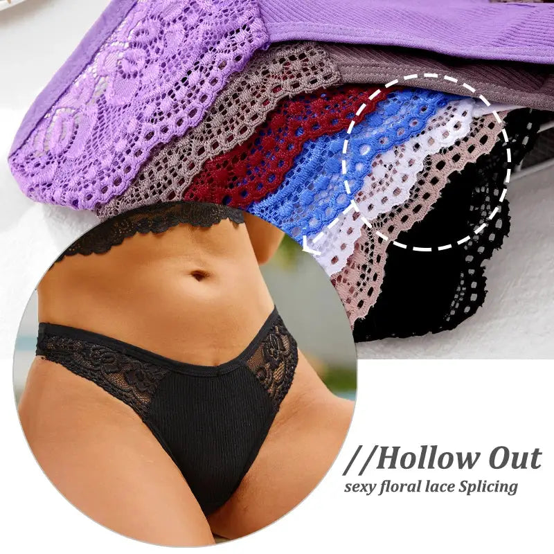 4-pack women's cotton lace panties in assorted colors with breathable V-waist thong style
