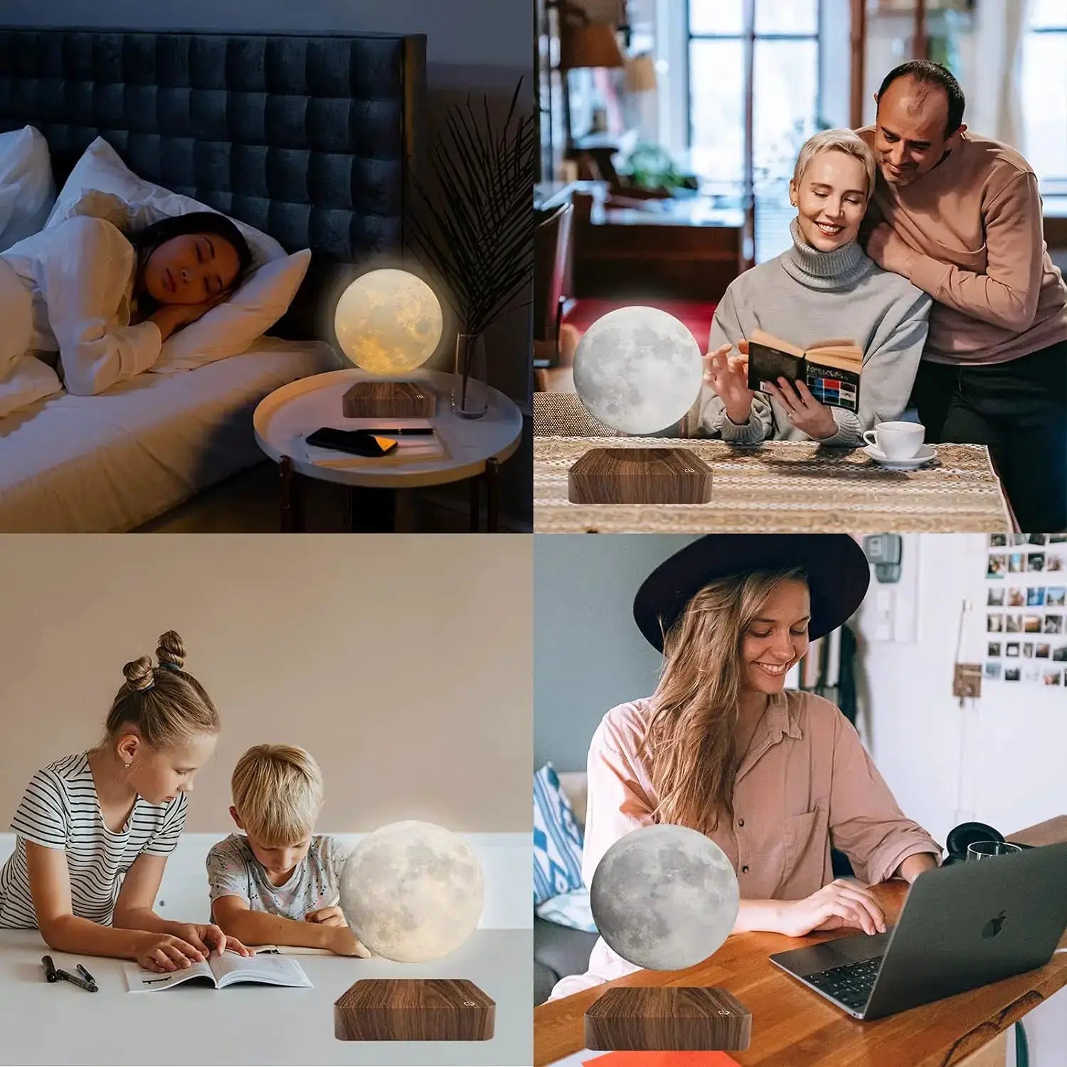 Simples Market magnetic floating moon lamp with wooden base; rotates, 3-color LED night light, ideal gift.