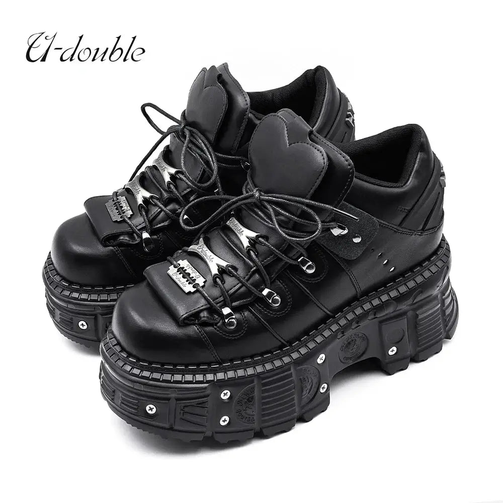 Punk Style Platform Boots For Women With 6 Cm Heel Gothic Lace Up Ankle Boots Metal Decor