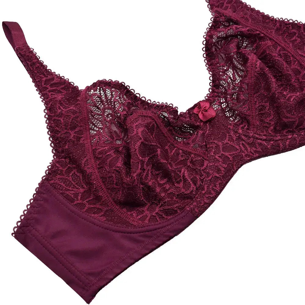 Plus size burgundy lace underwire bra with scalloped edges and center bow.