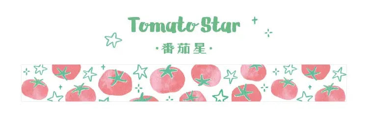 Decorative adhesive tape roll, Tomato Star pattern with pink tomatoes and teal stars, by Simples Market