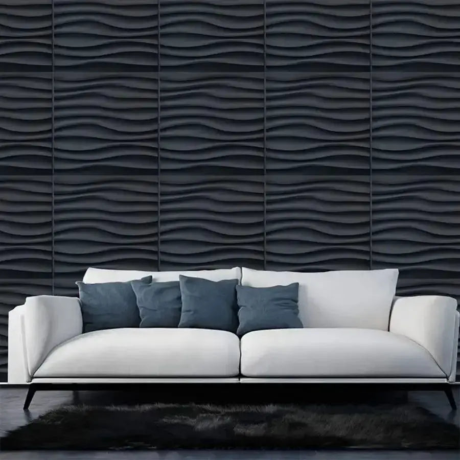 3D textured wall panels in dark wave pattern, 30x30 cm, for indoor decor in living rooms, halls, bedrooms, hotels, or offices.