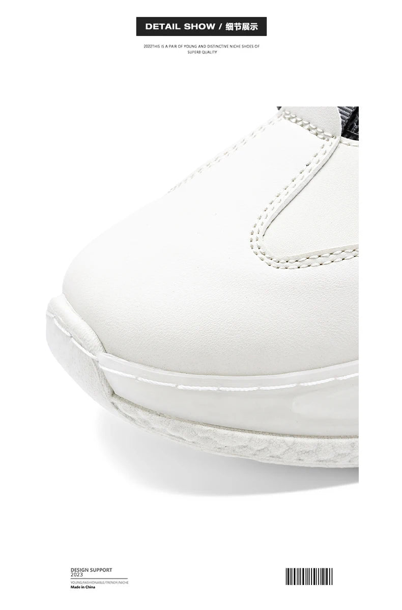 Men's white sneakers by Simples Market, close-up of toe with stitched leather upper