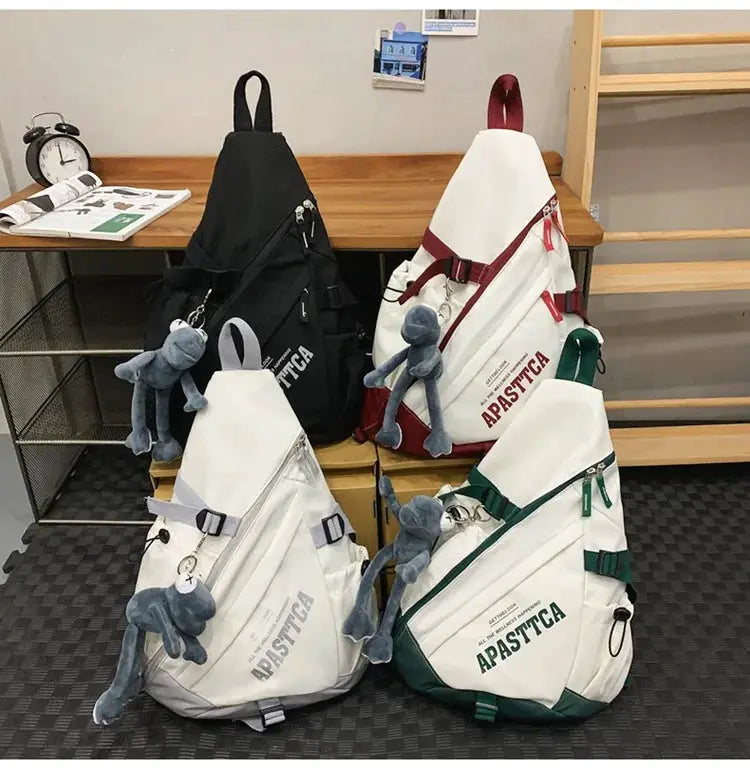 4 unisex nylon Y2K crossbody bags in white, black, and green with APASTTCA branding