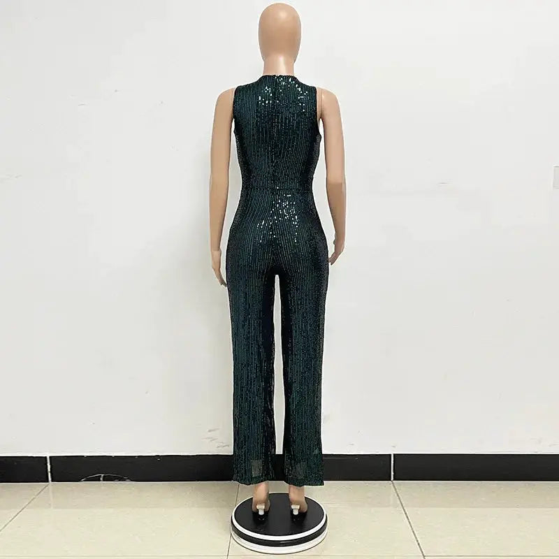 Sparkling sequins jumpsuit by Simples Market, dark green sleeveless high-waist fitted wide-leg
