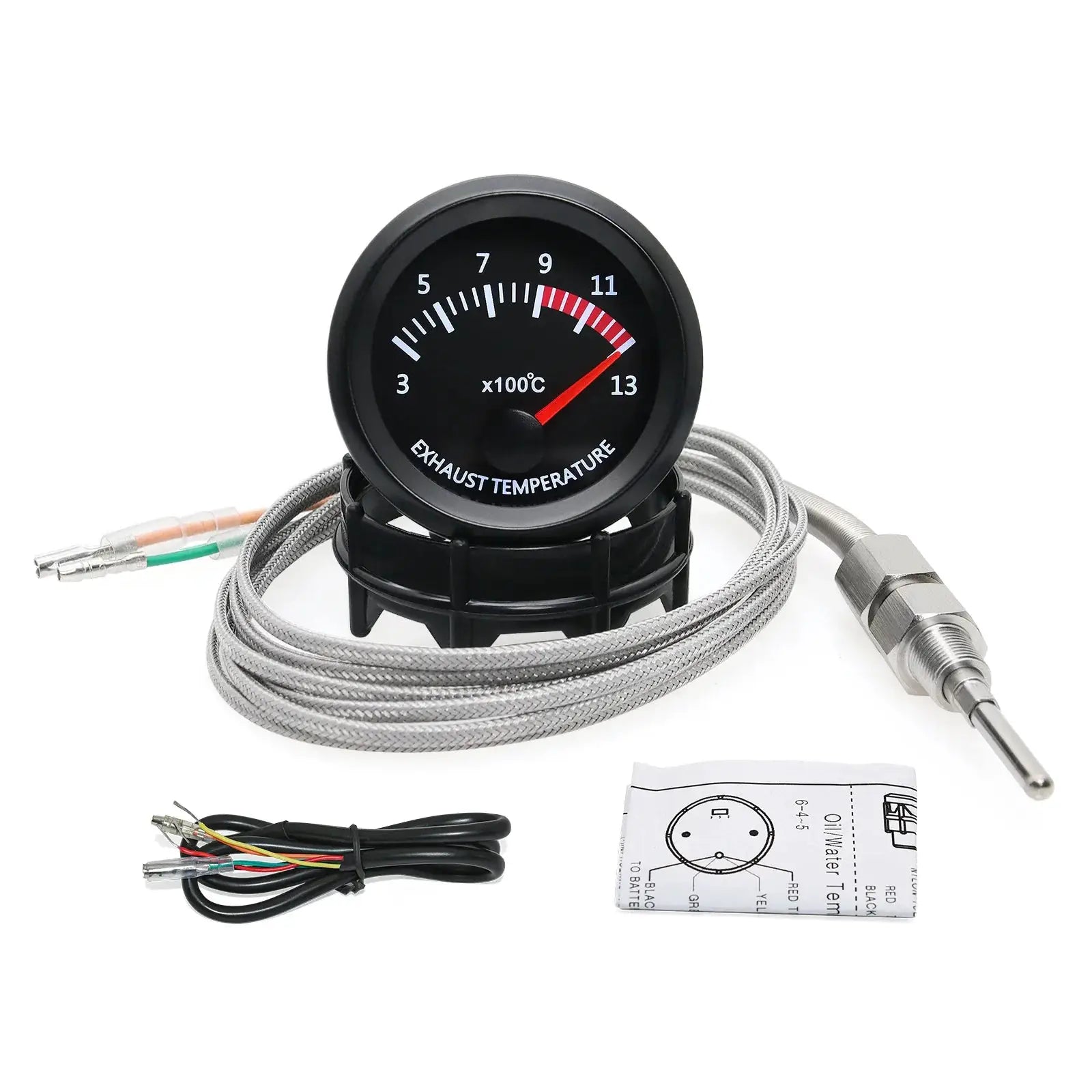 Exhaust gas temperature gauge, 52mm dial, black face with x100°C scale; includes sensor probe and braided cables