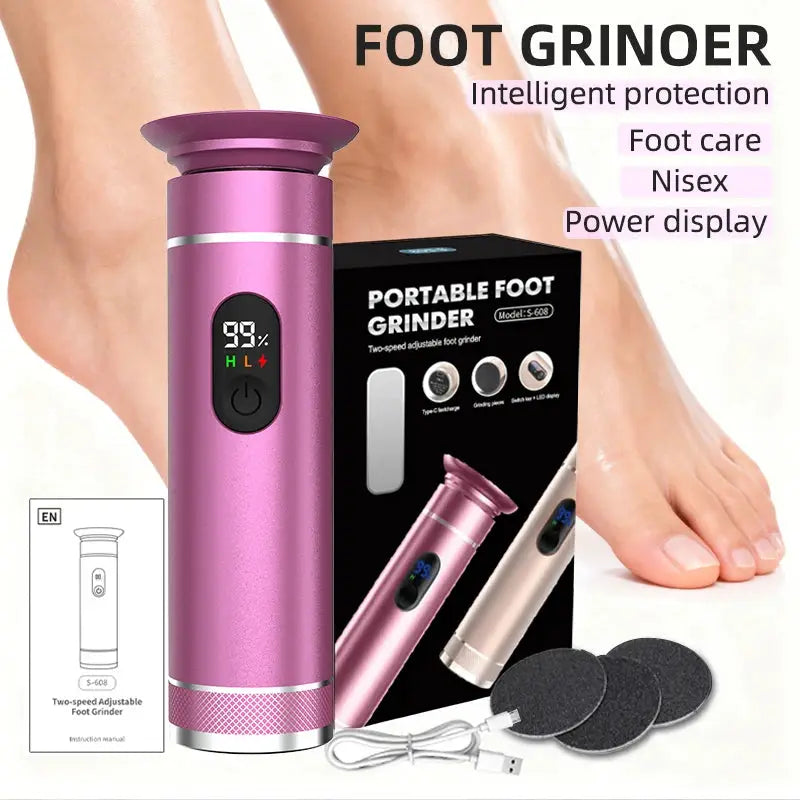 Simples Market pink aluminum foot grinder with dual Type-C/battery power, 3 discs and USB cable