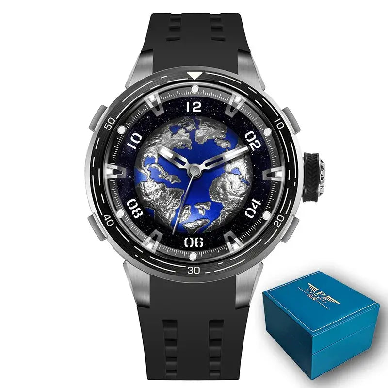 Simples Market PINDU Planet Series mechanical men's watch with black silicone strap and world map dial