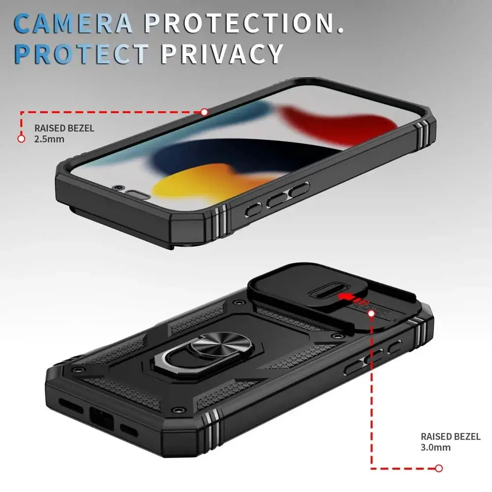 Simples Market rugged iPhone case for 16-11 Pro Plus; 360-degree protection with slide camera cover and stand ring.