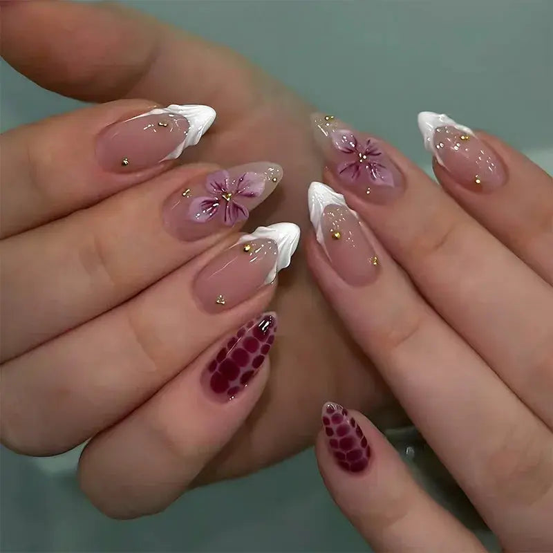 GlamNail Pink Almond Press On Nails Full Coverage Carved Flower 3D Ripple French Tips Golden Pearl Finish