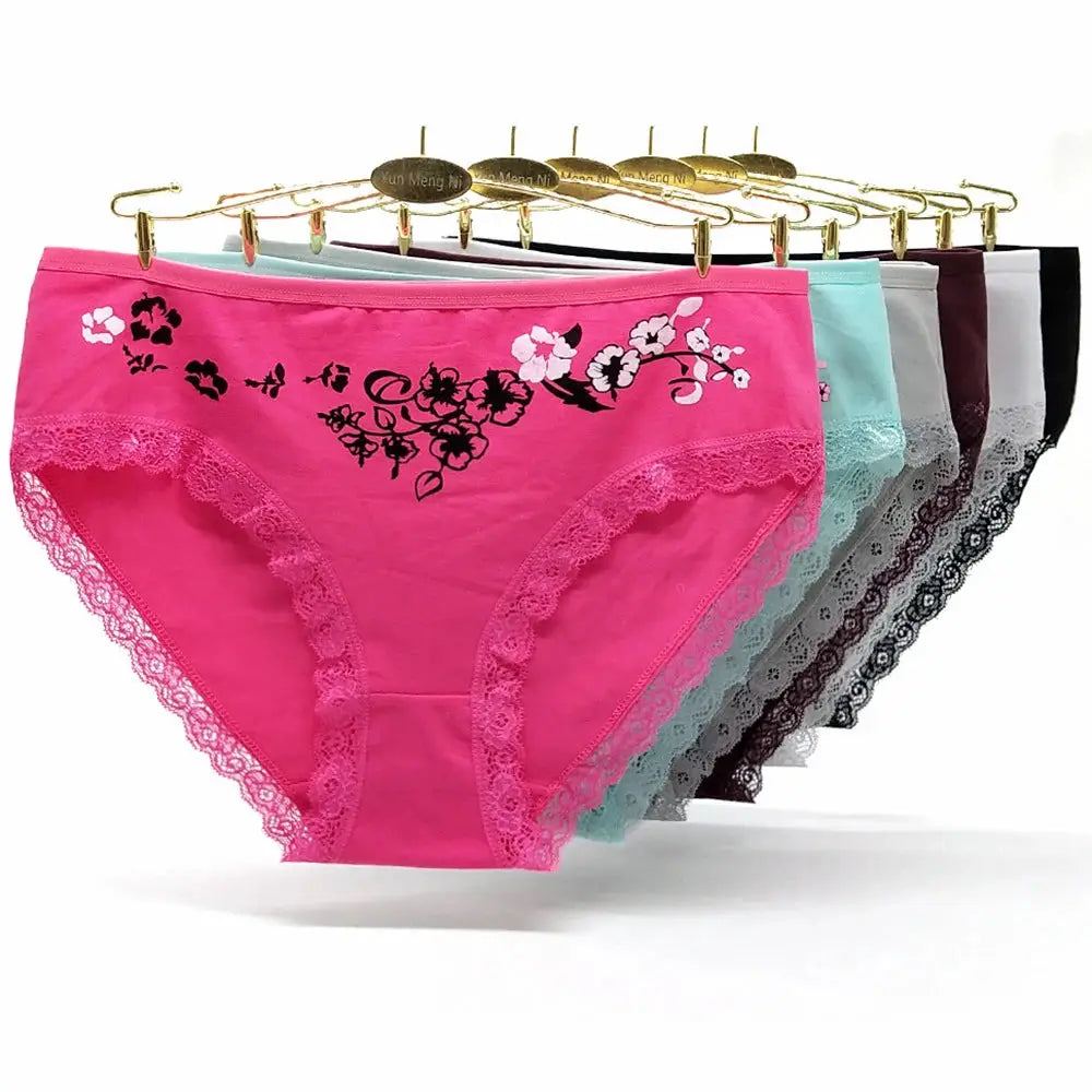 Women’s cotton mid-rise panties with lace trim; pink pair features a black butterfly floral print, assorted colors.