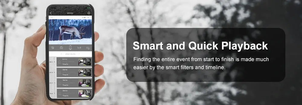 Simples Market trail camera promo shown on smartphone screen with deer footage and playback timeline