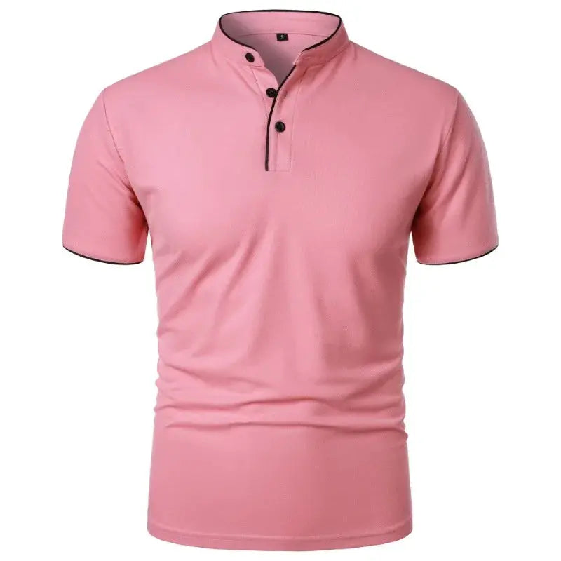 Men's pink short-sleeve polo shirt with collar and black trim on placket and cuffs