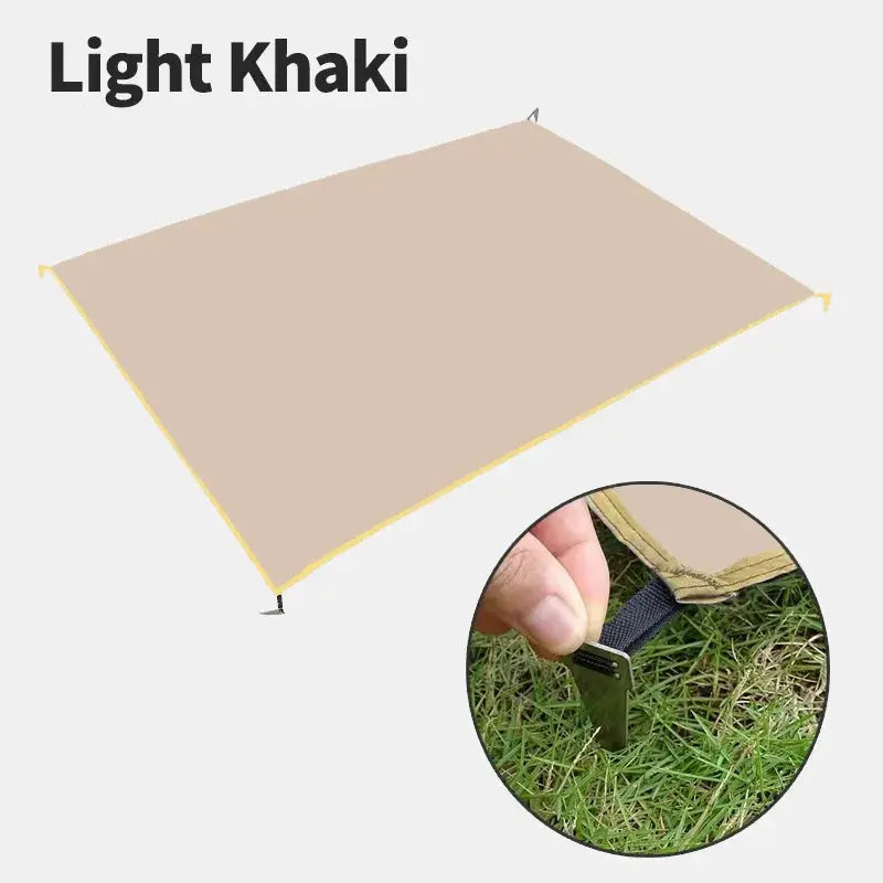 Waterproof camping mat by Simples Market, light khaki with yellow edge and included pegs
