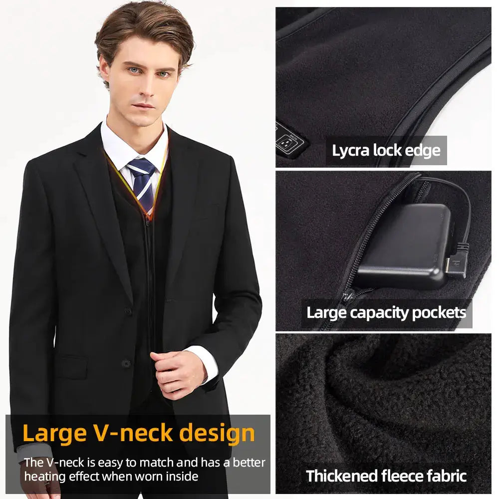 Smart fleece heated vest; black USB-powered with large V-neck and thick fleece fabric