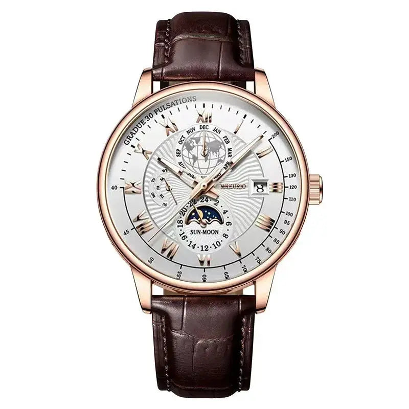 NovaLux Moon Phase Chronograph Leather Mens Watch With Luminous Hands And Complete Calendar