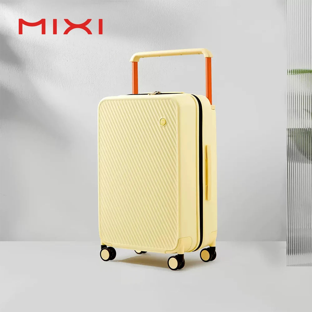 Mixi wide-handle travel luggage suitcase, pale yellow hardside PC with four spinner wheels