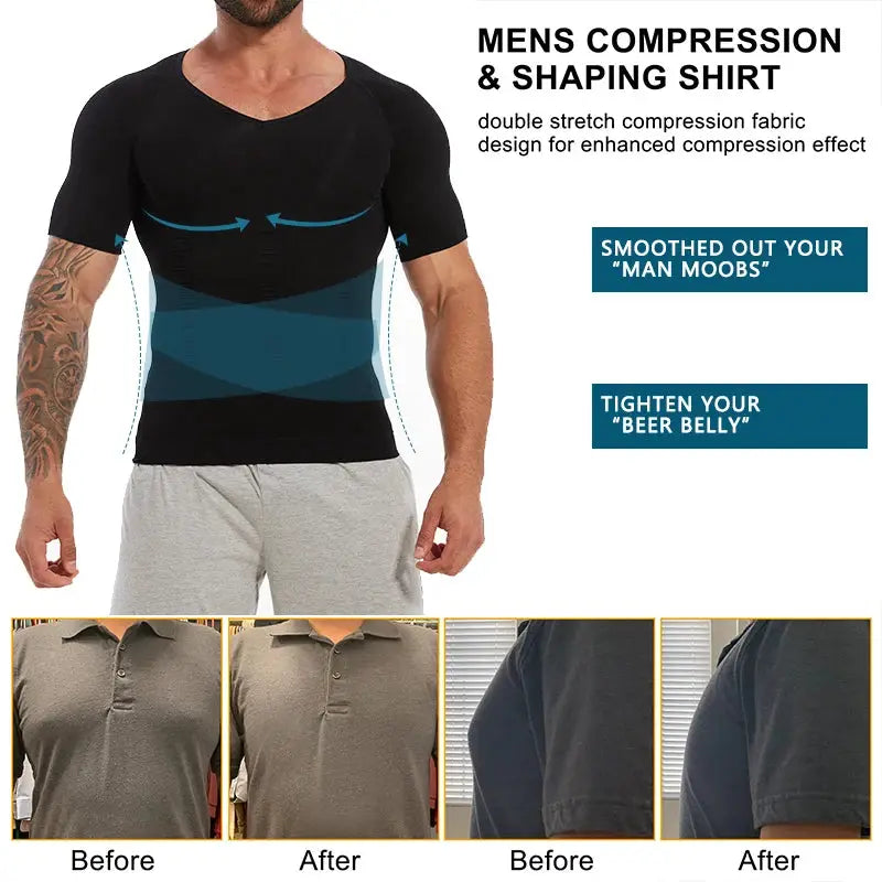 Simples Market men's slimming compression shirt, black V-neck undershirt with waist-shaping panels.
